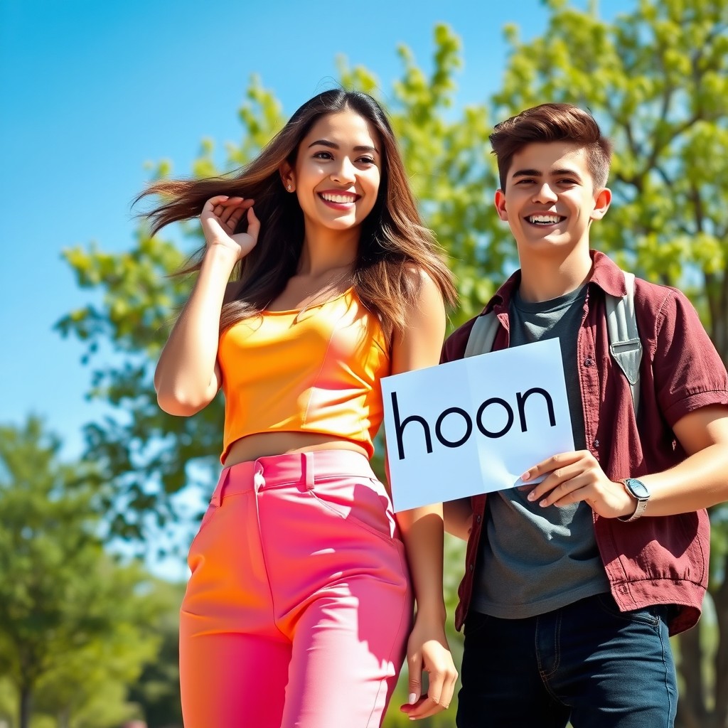 A lively scene featuring a confident young woman wearing a stylish outfit with a vibrant color palette, showcasing contemporary fashion