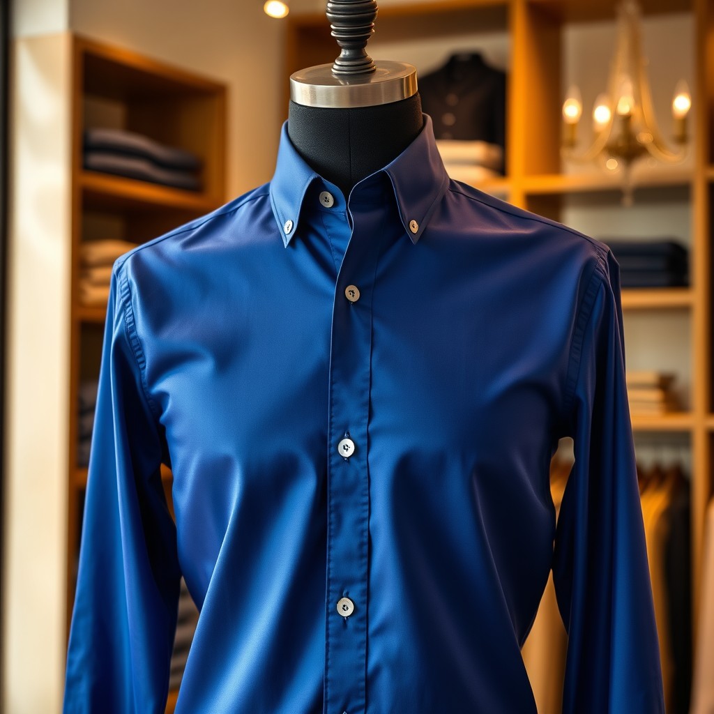 A well-tailored shirt on a mannequin, showcasing a vibrant and eye-catching color change, such as a deep royal blue or a bright sunny yellow