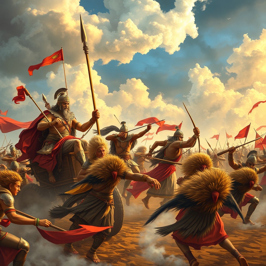 An epic battle scene from the Mahabharata, showcasing heroic warriors in traditional ancient Indian attire