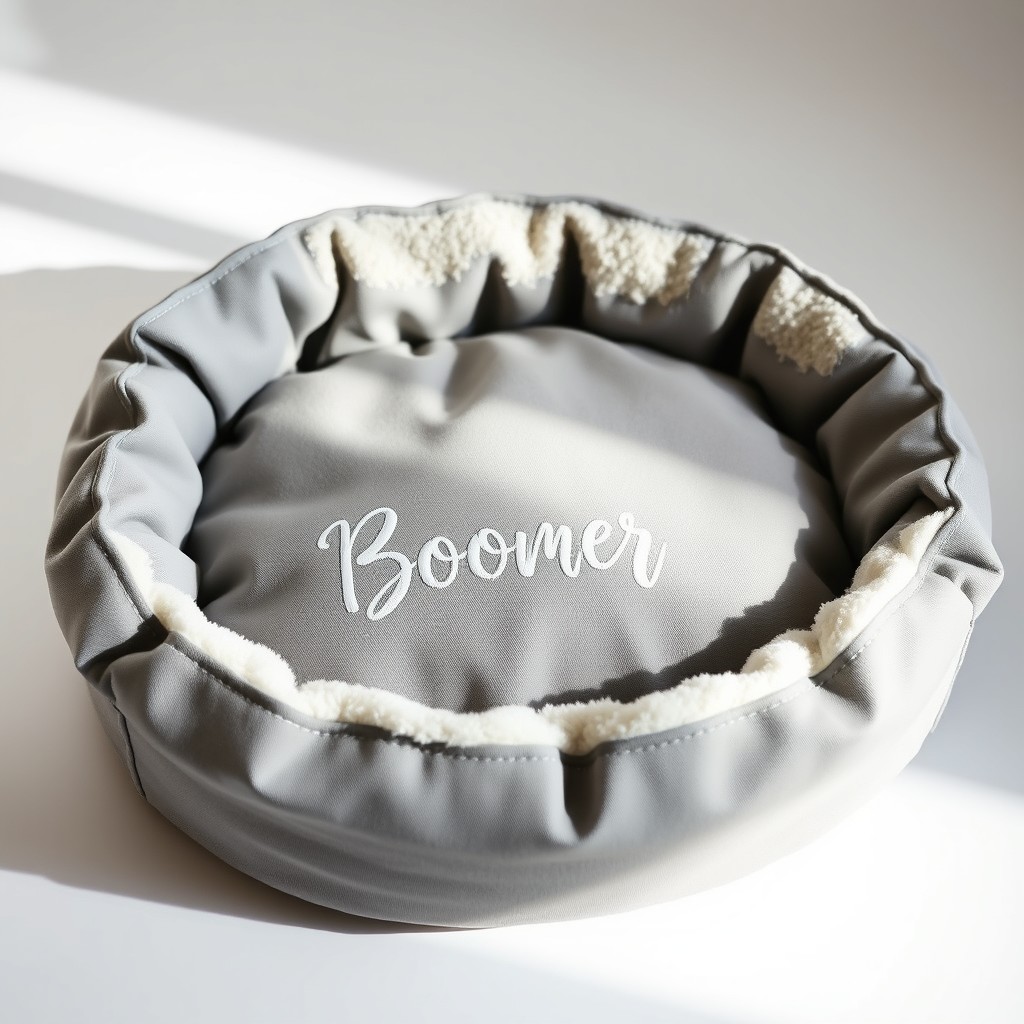 A stylish and cozy donut-shaped pet bed in silver gray color, made from organic cotton canvas