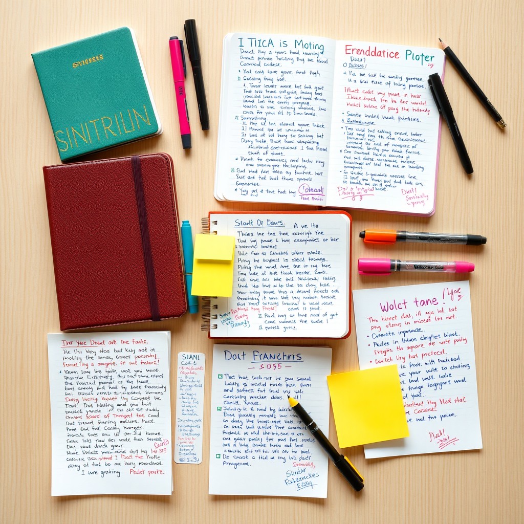 A highly organized and aesthetically pleasing flatlay of photographic images of handwritten notes and various stationery items