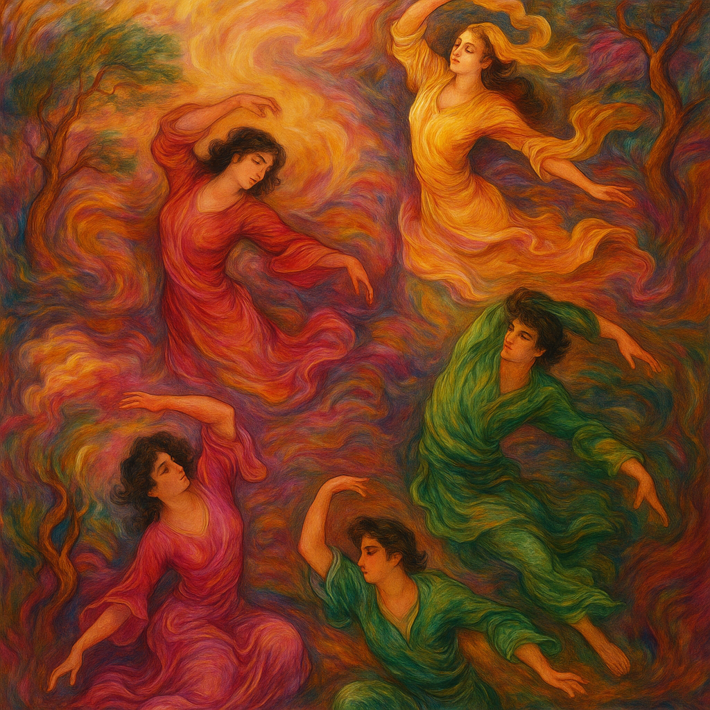 Dancers surrounded by swirling, vibrant colors—rich reds, purples, pinks, yellows, blues, and greens—that evoke a sense of movement and light. The style is reminiscent of Persian miniature painting, with a painterly, expressive quality.
The figures appear in the middle of the action, their bodies contracted in fluid motion. The background features swirling clouds and stylized winding trees, the composition is balanced, and the figures are not exactly centered, but interact in the central space. The overall perspective is almost like floating above or within the stage.
The lighting is striking, highlighting the faces and vibrant colors. The artwork is expressive and evocative of nature and human emotions.