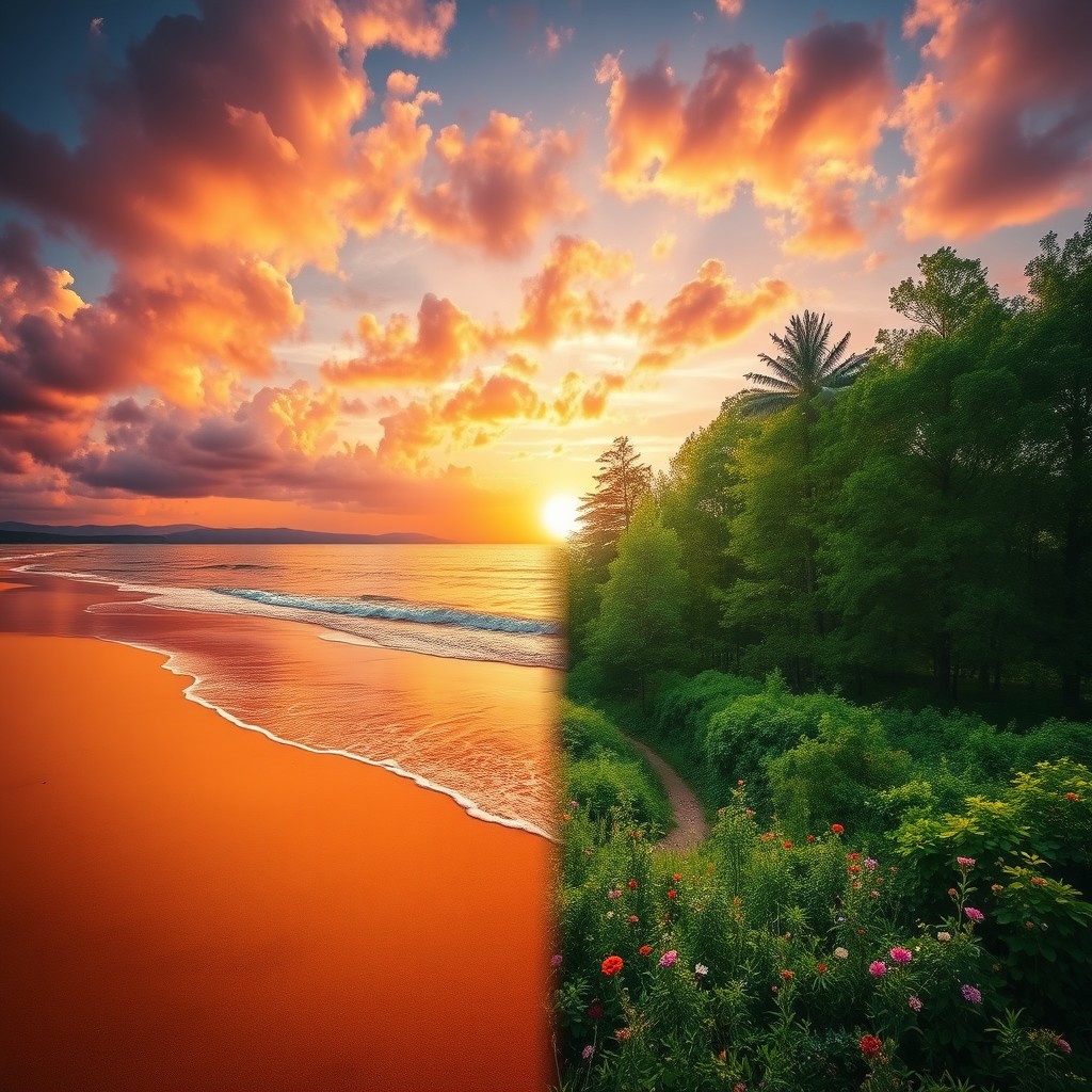 A captivating scene that merges two distinct landscapes into one breathtaking image