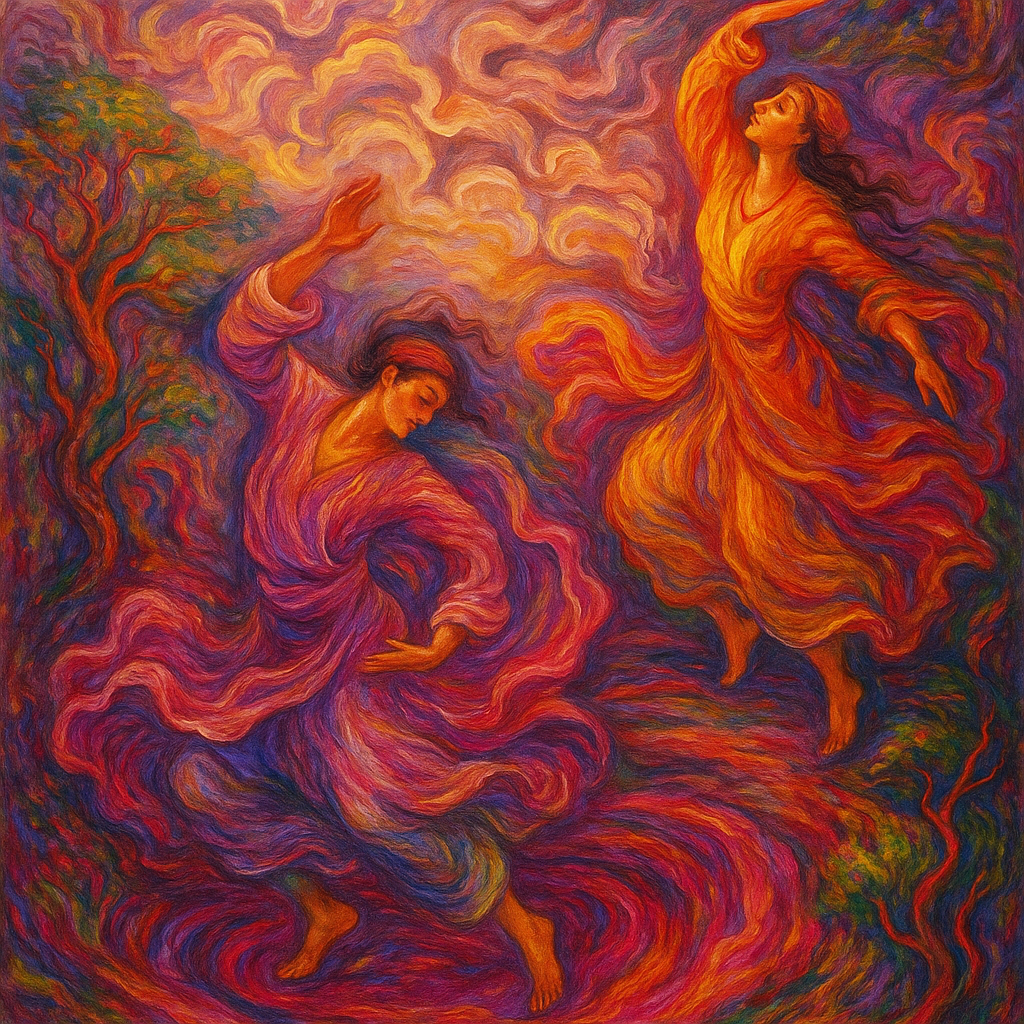 Dancers surrounded by swirling, vibrant colors—rich reds, purples, pinks, yellows, blues, and greens—that evoke a sense of movement and light. The style is reminiscent of Persian miniature painting, with a painterly, expressive quality.
The figures appear in the middle of the action, their bodies contracted in fluid motion. The background features swirling clouds and stylized winding trees, the composition is balanced, and the figures are not exactly centered, but interact in the central space. The overall perspective is almost like floating above or within the stage.
The lighting is striking, highlighting the faces and vibrant colors. The artwork is expressive and evocative of nature and human emotions.