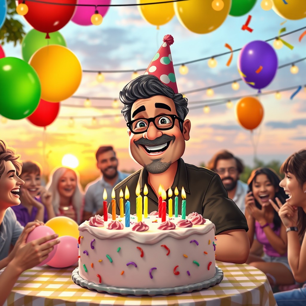 A vibrant and festive birthday celebration for a character named Yusef, featuring colorful balloons, a large birthday cake with candles, surrounded by friends laughing and having a good time