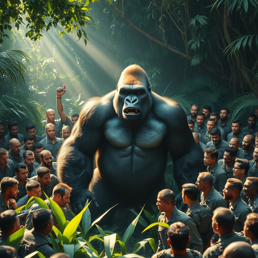 A dramatic and intense scene depicting 100 men surrounding a strong and powerful gorilla in a dense jungle setting