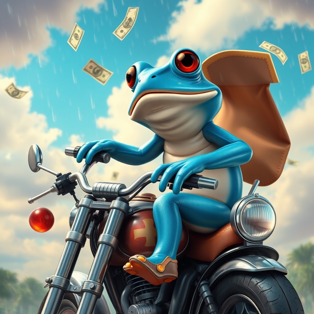 A whimsical scene featuring a blue frog riding a motorcycle, exuding a sense of adventure and fun