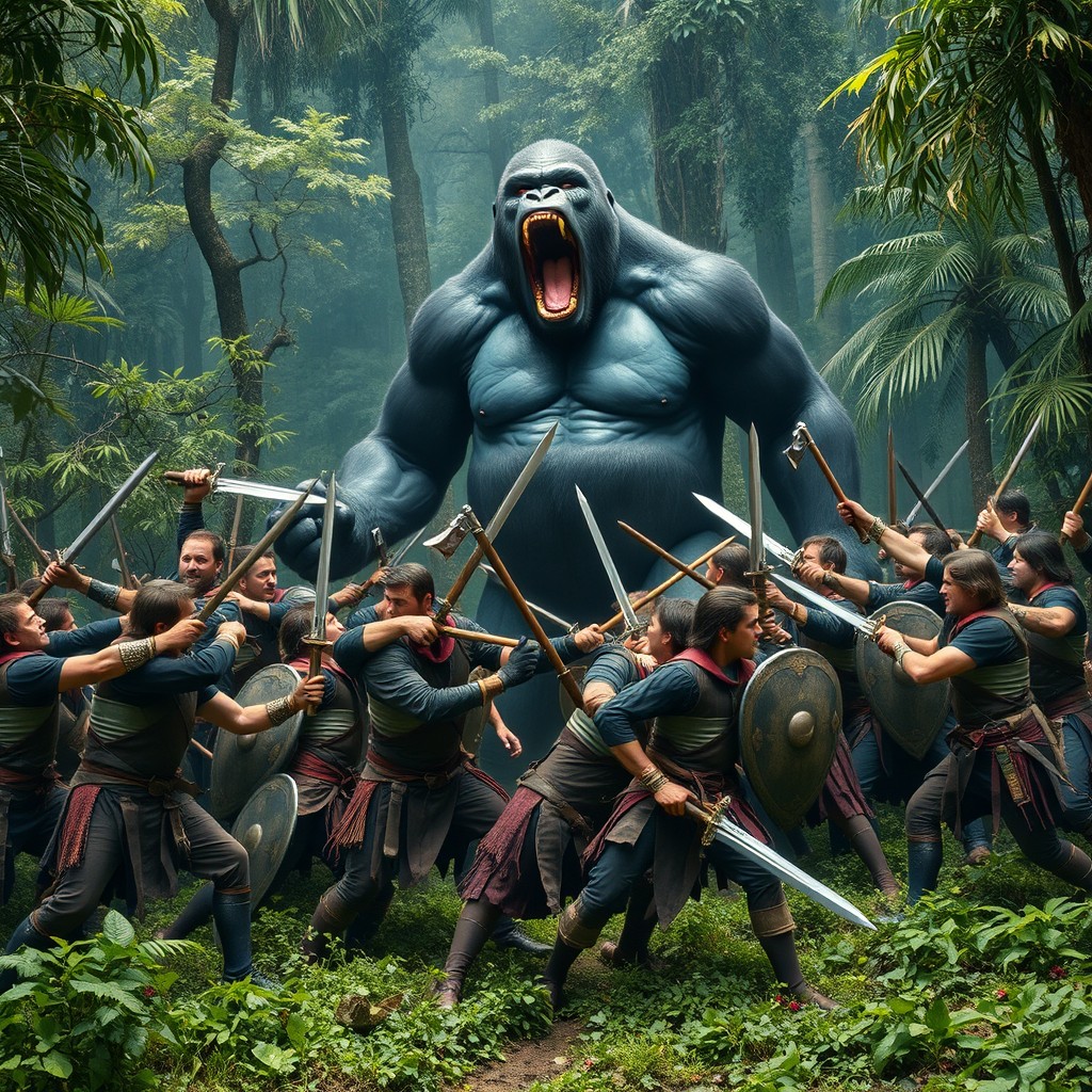 A dramatic scene depicting 100 men engaged in an intense battle with a massive gorilla in a lush jungle setting
