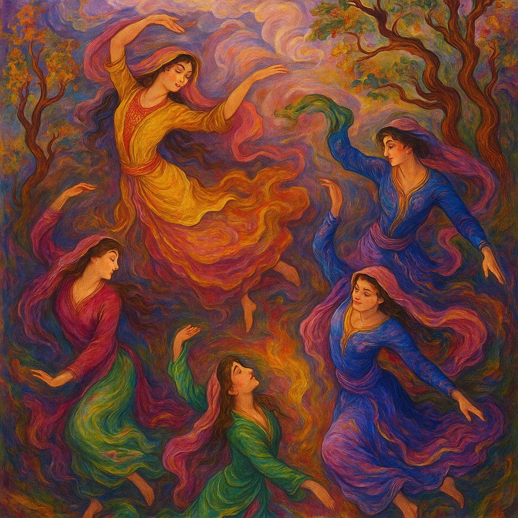 Dancers surrounded by swirling, vibrant colors—rich reds, purples, pinks, yellows, blues, and greens—that evoke a sense of movement and light. The style is reminiscent of Persian miniature painting, with a painterly, expressive quality.
The figures appear in the middle of the action, their bodies contracted in fluid motion. The background features swirling clouds and stylized winding trees, the composition is balanced, and the figures are not exactly centered, but interact in the central space. The overall perspective is almost like floating above or within the stage.
The lighting is striking, highlighting the faces and vibrant colors. The artwork is expressive and evocative of nature and human emotions.