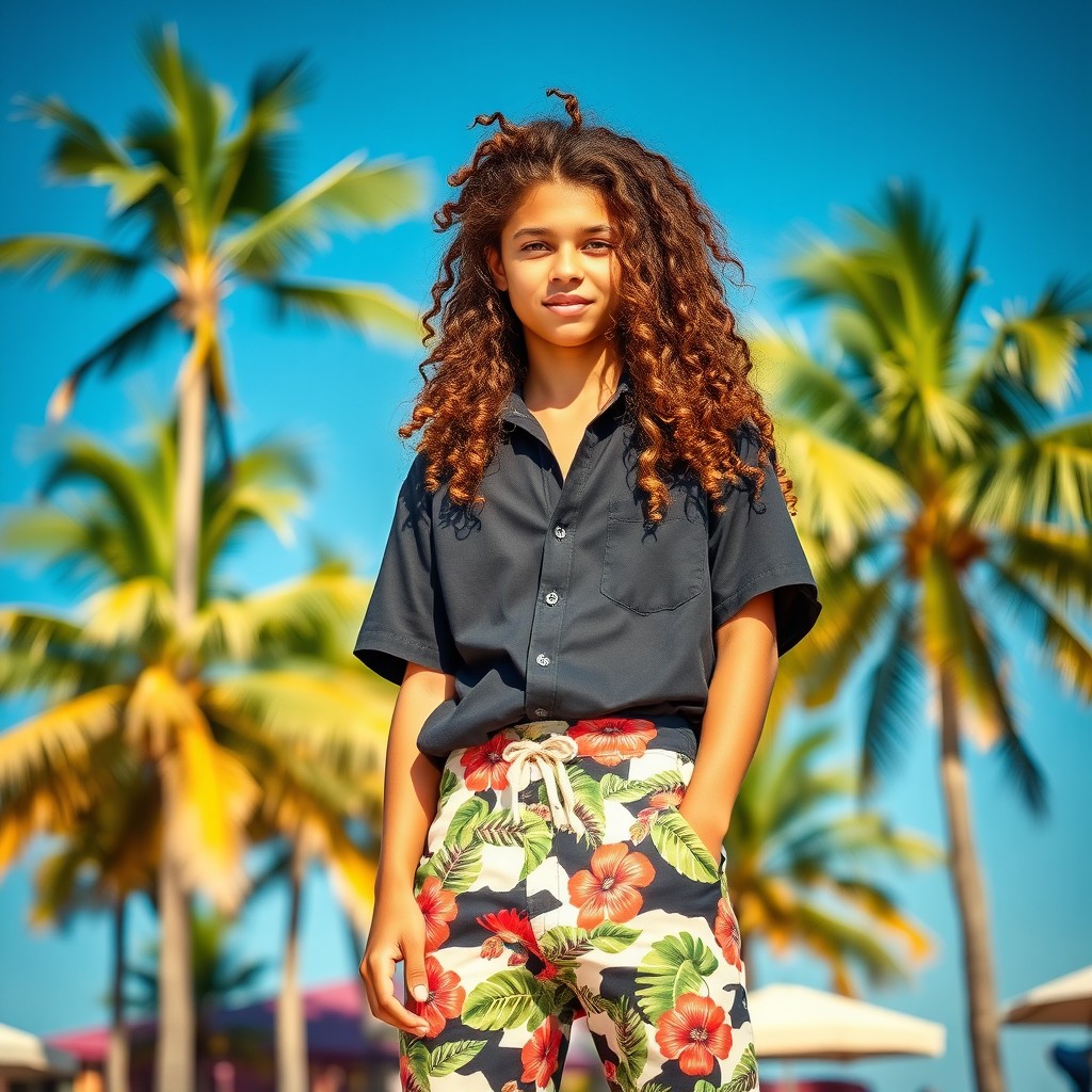 A stylish teenager with long, curly, coily brown hair, wearing a black shirt and Hawaiian shorts