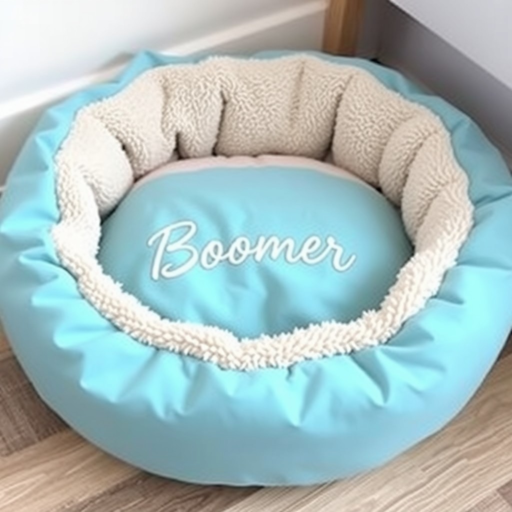 A cozy donut style pet bed in a beautiful light blue color, made from organic cotton canvas