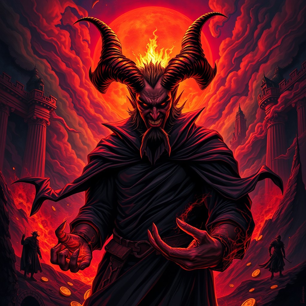 A striking artistic representation of Satan as an opportunist, depicted in a vivid and dynamic style