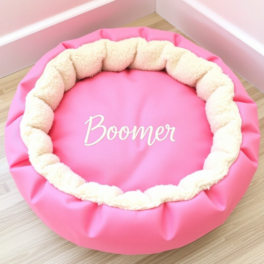 A cozy, round pet bed designed in a delightful donut style, featuring a vibrant pink color
