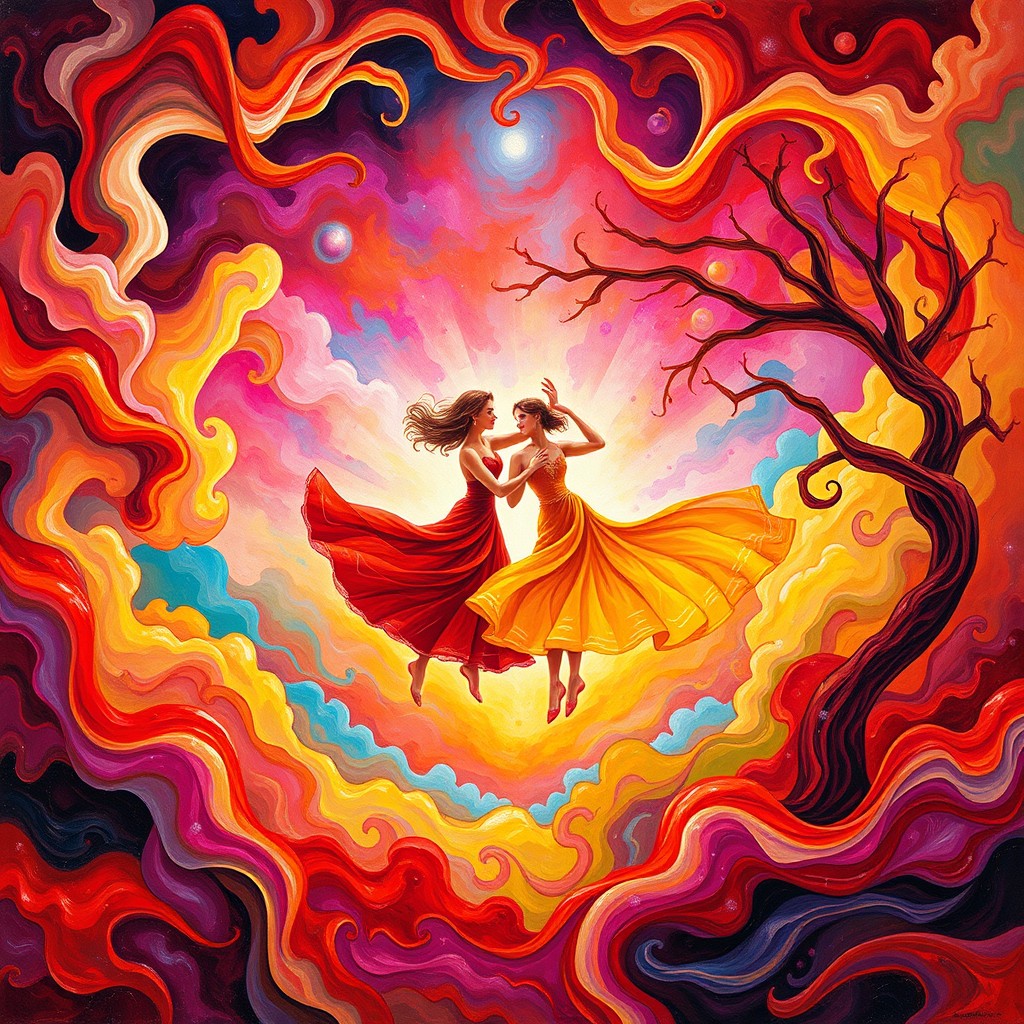 Dancers surrounded by swirling, vibrant colors—rich reds, purples, pinks, yellows, blues, and greens—evoking a sense of movement and light