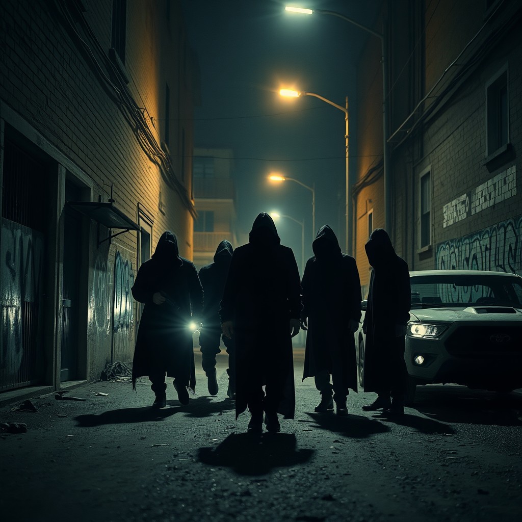 A dramatic scene depicting a group of shadowy figures in a deserted urban setting, embodying the themes of conflict and tension