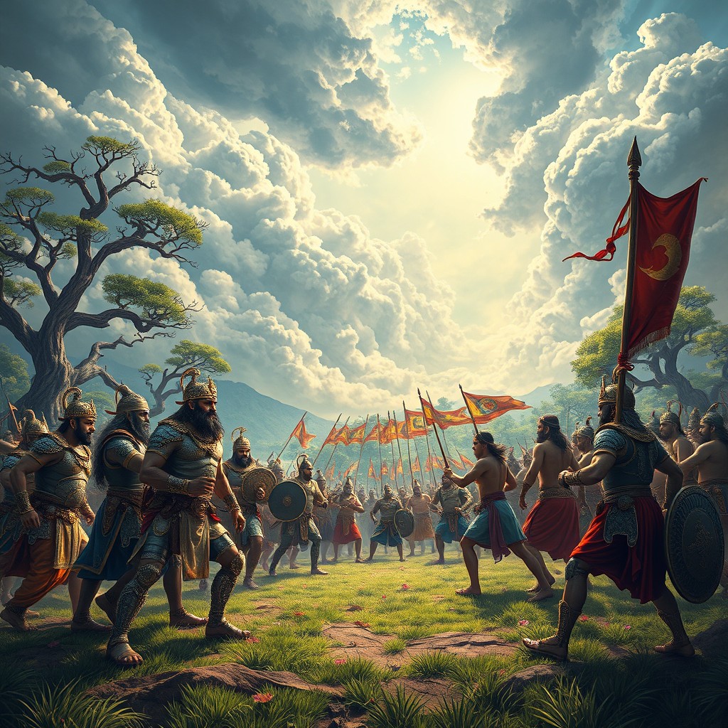 A grand and epic scene from the Mahabharata, showcasing the legendary rivalry between the Kauravas and the Pandavas