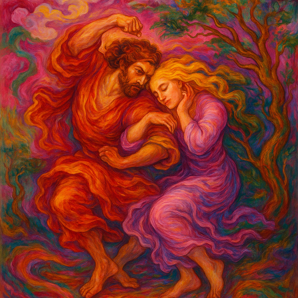 Dancers surrounded by swirling, vibrant colors—rich reds, purples, pinks, yellows, blues, and greens—that evoke a sense of movement and light. The style is reminiscent of Persian miniature painting, with a painterly, expressive quality.
The figures appear in the middle of the action, their bodies contracted in fluid motion. The background features swirling clouds and stylized winding trees, the composition is balanced, and the figures are not exactly centered, but interact in the central space. The overall perspective is almost like floating above or within the stage.
The lighting is striking, highlighting the faces and vibrant colors. The artwork is expressive and evocative of nature and human emotions.