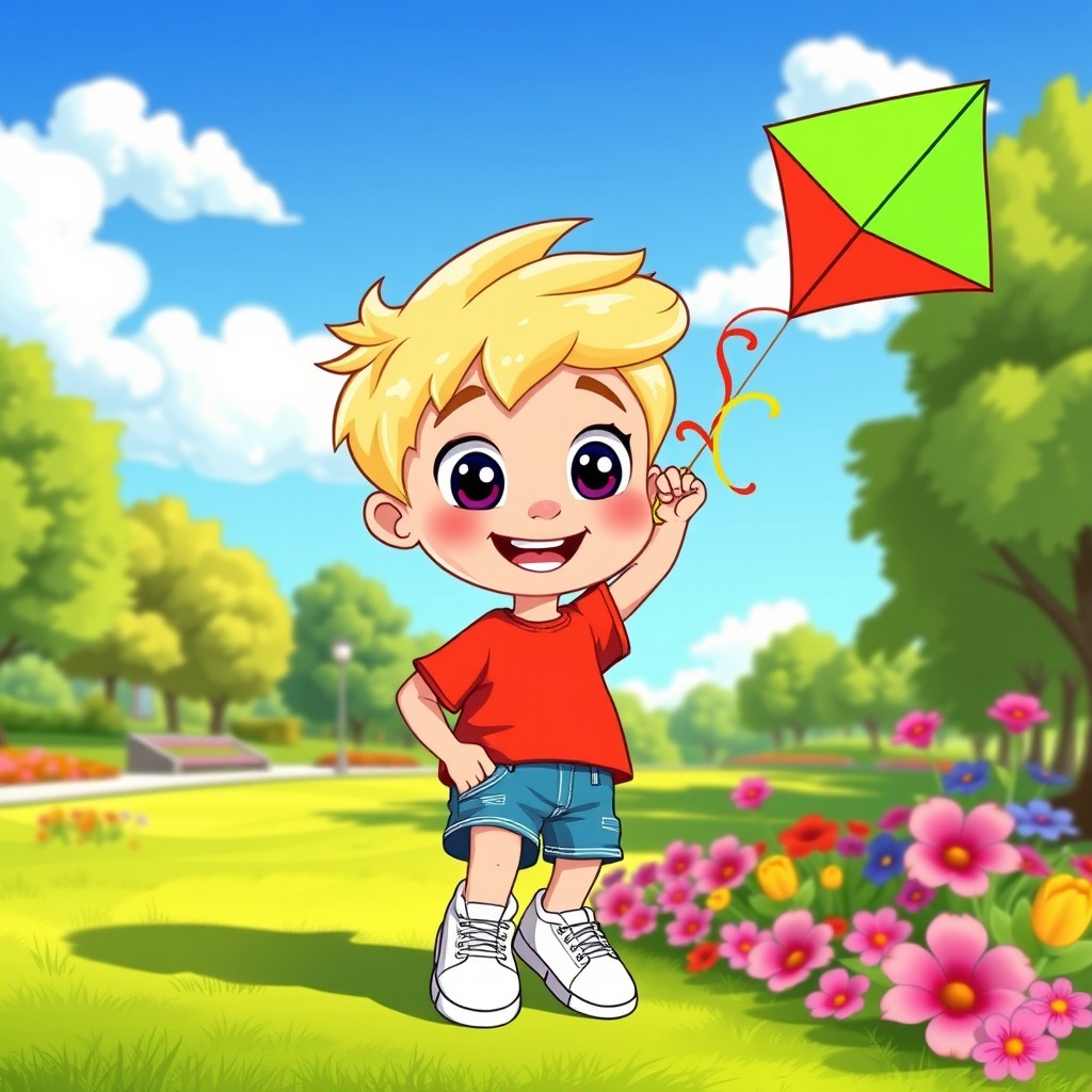 A vibrant and playful cartoon of a blond boy, featuring big expressive eyes and a cheerful smile