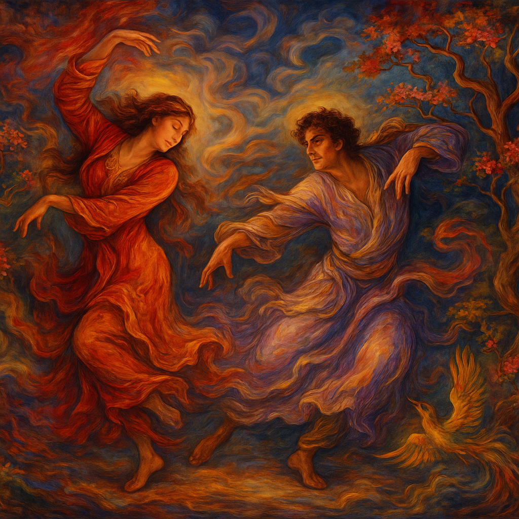 Dancers surrounded by swirling, vibrant colors—rich reds, purples, pinks, yellows, blues, and greens—that evoke a sense of movement and light. The style is reminiscent of Persian miniature painting, with a painterly, expressive quality.
The figures appear in the middle of the action, their bodies contracted in fluid motion. The background features swirling clouds and stylized winding trees, the composition is balanced, and the figures are not exactly centered, but interact in the central space. The overall perspective is almost like floating above or within the stage.
The lighting is striking, highlighting the faces and vibrant colors. The artwork is expressive and evocative of nature and human emotions.