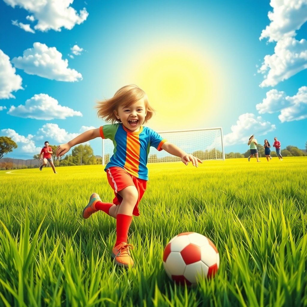 A vibrant scene depicting a child joyfully playing soccer on a sunny day in a lush green football field