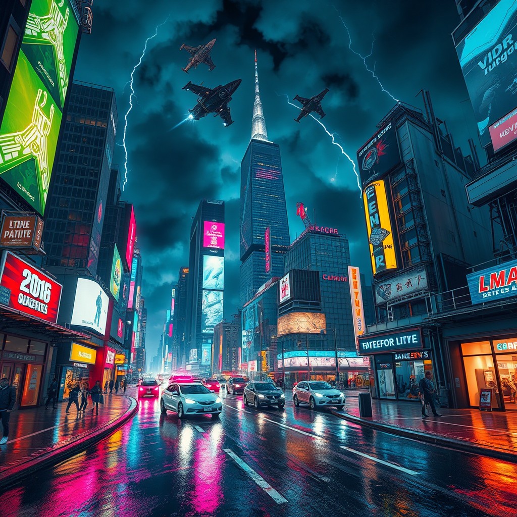 A stunning cyberpunk cityscape at night, filled with vibrant neon lights, towering skyscrapers with holographic advertisements, and bustling streets