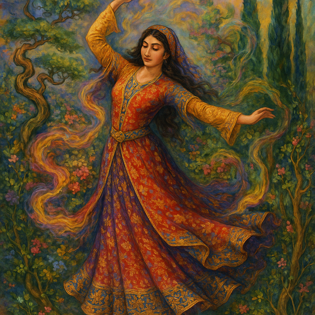 traditional dress surrounded by swirling, vibrant colors—rich reds, purples, yellows, blues, and greens—that evoke a sense of movement and light in mystical and spiritual watercolor painting of a full body in a swirl of intertwining smoke clouds and flowers and dense vines and asymmetrical bonsai, a fitness beautiful smiling Iranian mystical woman dancing in a long, colorful and intricate, traditional silk dress, a dreamy and mystical painting in a palace garden, winding bonsai trees and winding trees and vines and cypress trees are intertwined. All the elements are intertwined like a cloud warp and woof
