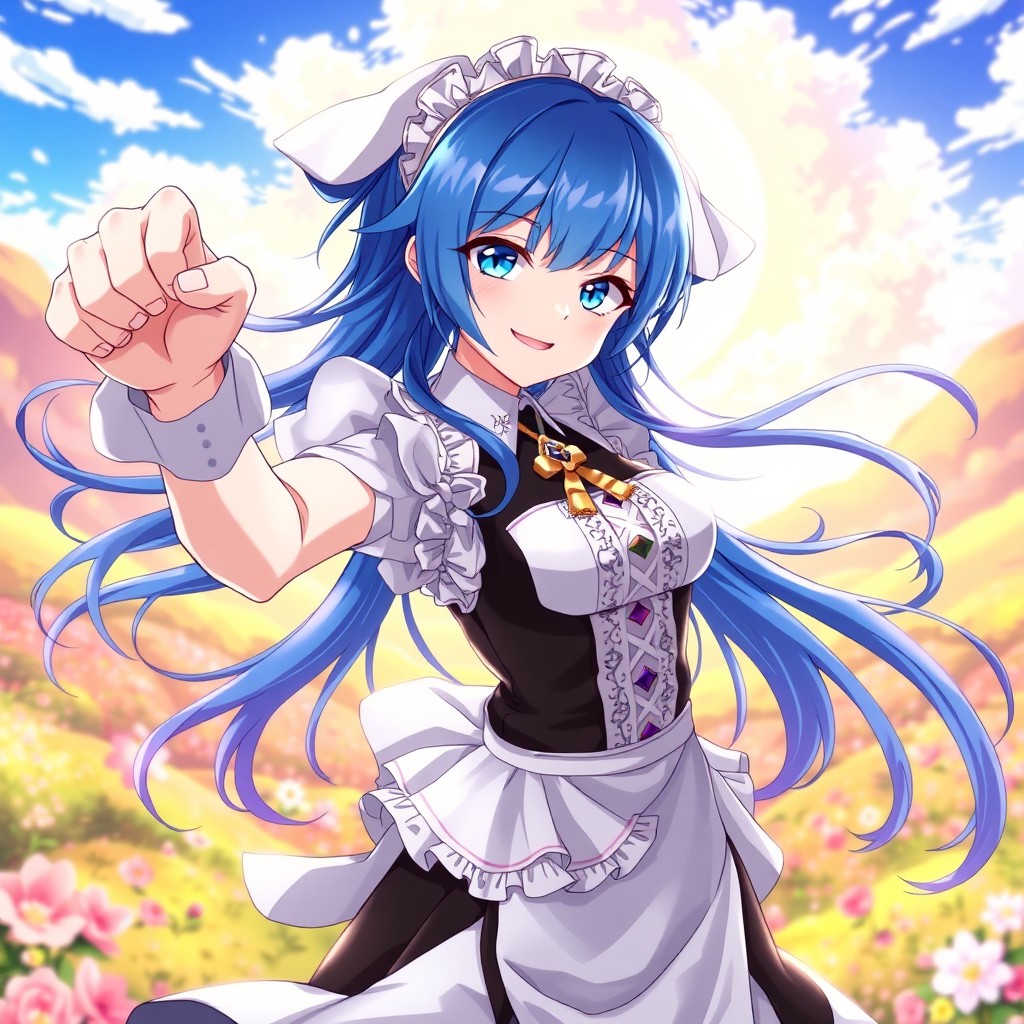 An anime-style illustration of Rem from Re:Zero, striking a dynamic and powerful pose, with her blue hair flowing dramatically
