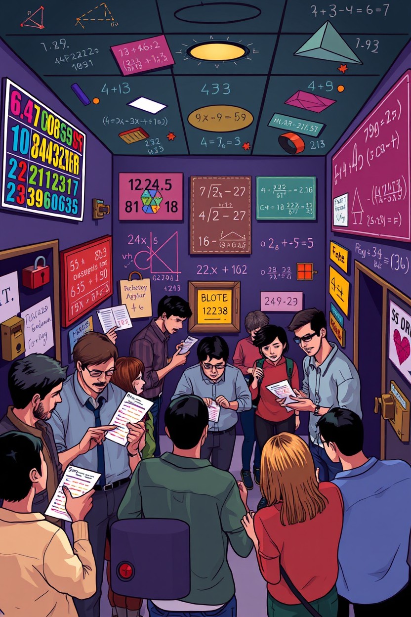 An engaging and vibrant illustration depicting mathematical concepts integrated into an escape room setting