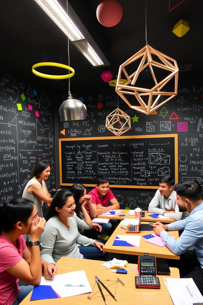 An engaging and immersive escape room themed around mathematics, featuring walls adorned with intricate mathematical equations and colorful geometric shapes