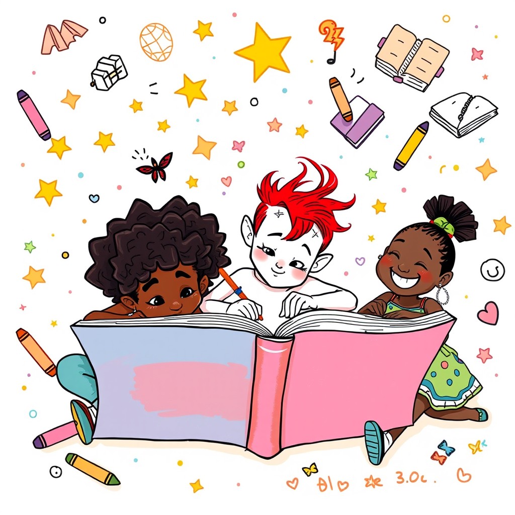 A whimsical doodle art illustration featuring three unusual children engrossed in writing in a large, colorful book