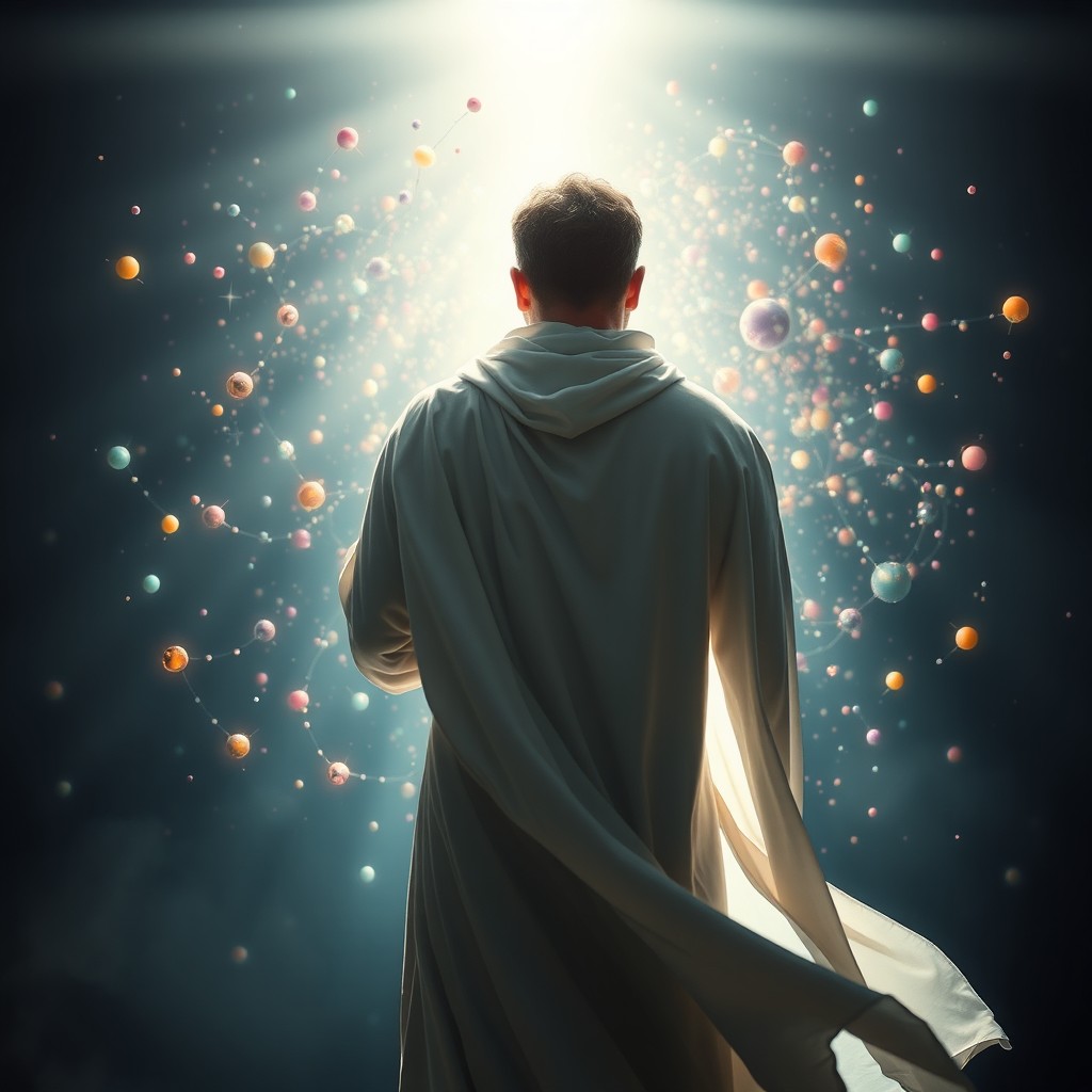 A man seen from behind, wearing a flowing white cloak, surrounded by a swirling array of colorful atoms
