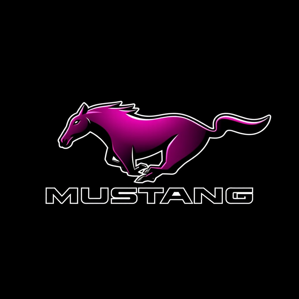 A striking design of the Ford Mustang logo, featuring the iconic galloping horse, rendered in a bold black and pink color scheme