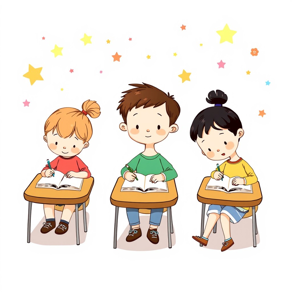 A whimsical and imaginative illustration of several children, each one unique in their appearance and style, sitting at small tables and writing enthusiastically in their individual books