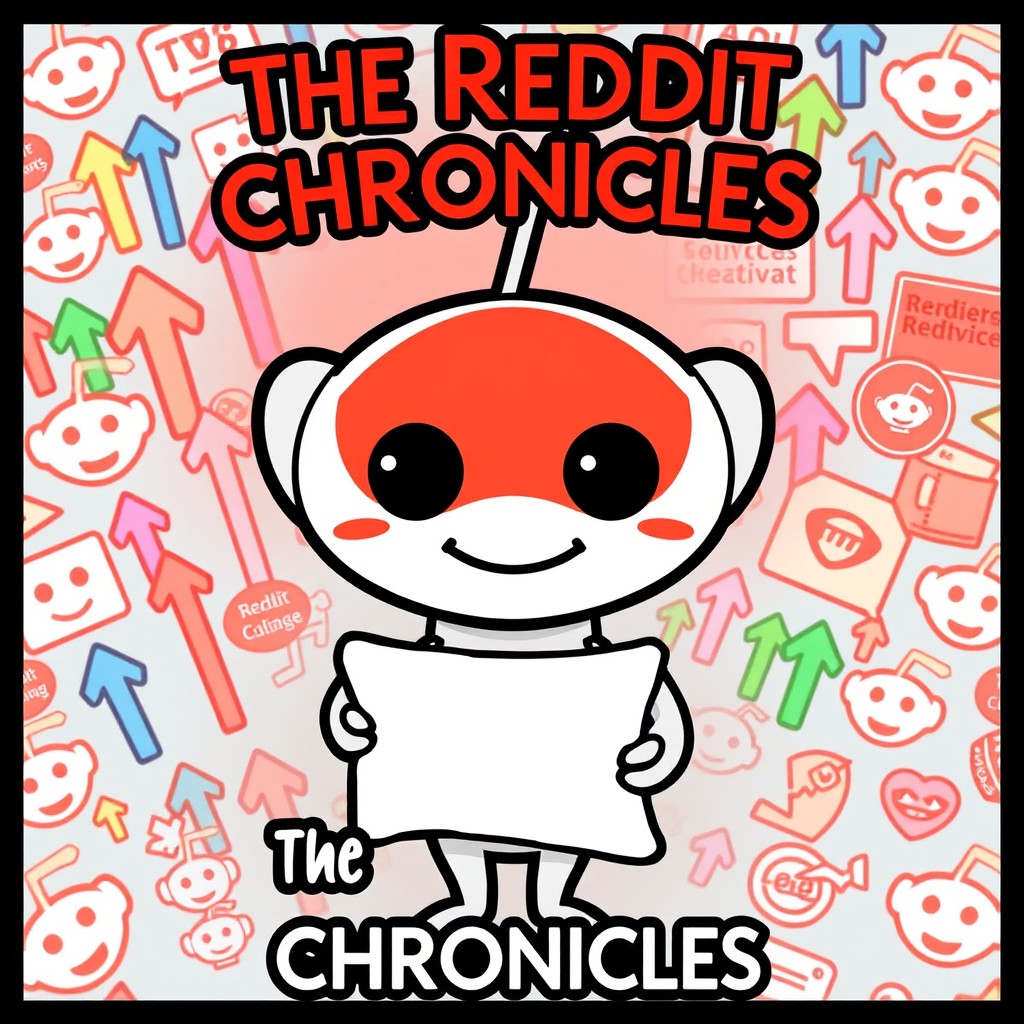 A striking and imaginative profile picture for 'The Reddit Chronicles', featuring a stylized Reddit alien character (Snoo) with a whimsical, illustrated background of various Reddit-themed elements like colorful upvote arrows, comment bubbles, and iconic subreddit logos