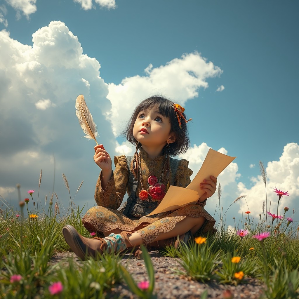 A peculiar girl sitting on the ground with a feather in one hand and a piece of paper in the other, gazing thoughtfully at the sky filled with fluffy clouds