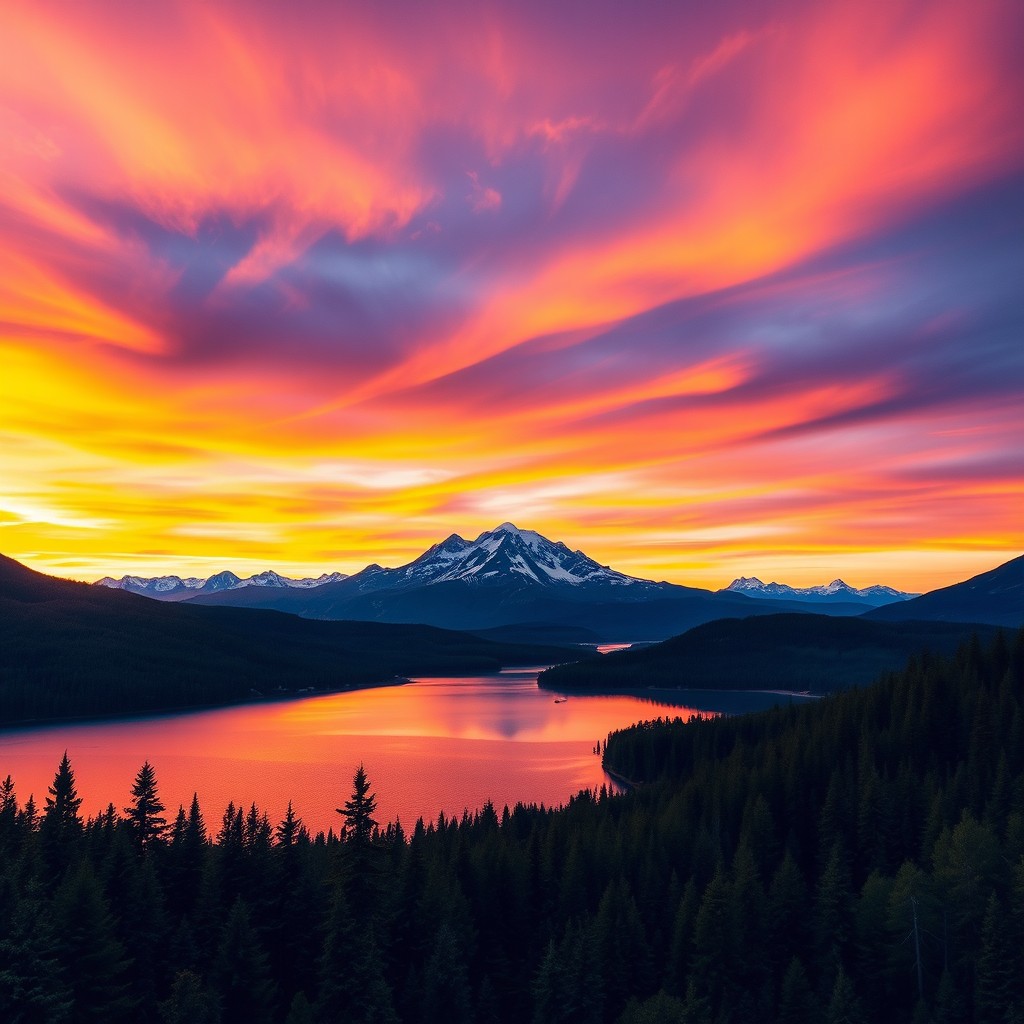 A stunning, high-definition image of a serene mountain landscape during sunset, showcasing vibrant orange and purple hues in the sky