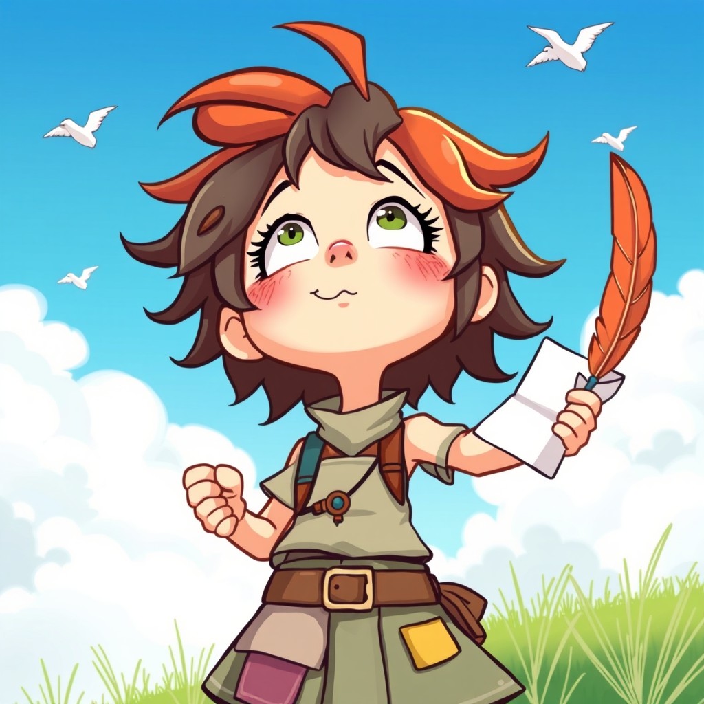 A quirky cartoon girl with a playful expression, holding a feather and a piece of paper, gazing up at the sky with wonder