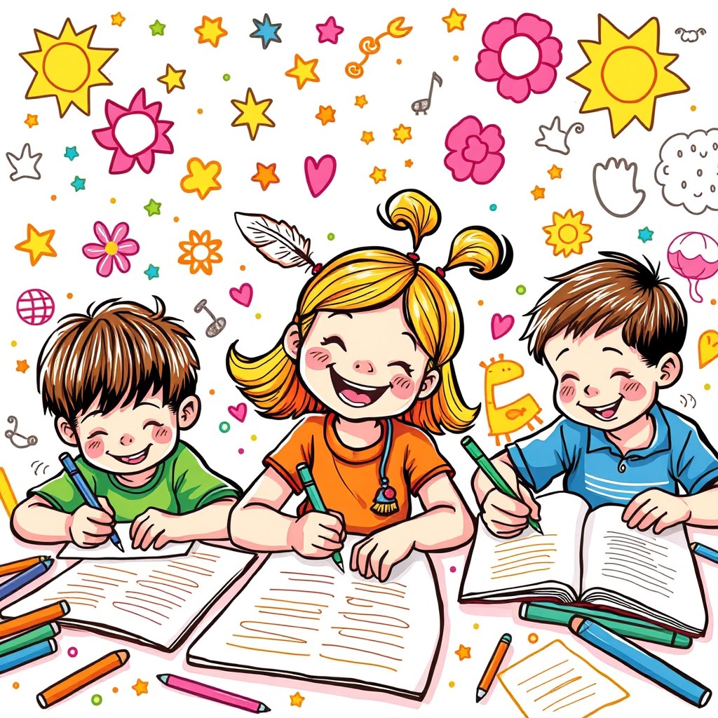 A colorful and whimsical doodle art scene featuring a group of children, including a girl and boys, all joyfully writing on sheets of paper with whimsical feathers and pens