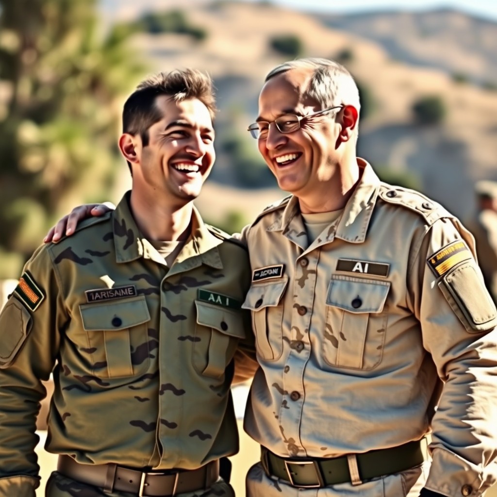 A heartwarming scene featuring a Jordanian soldier and an Israeli soldier laughing together, showcasing camaraderie and friendship