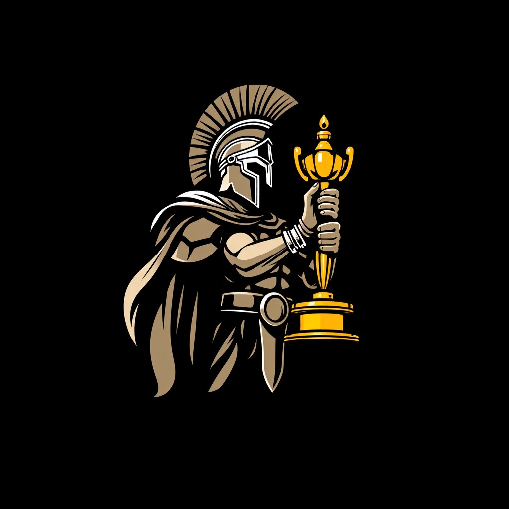 A logo design featuring a Spartan warrior in an Oscar-like pose, holding a trophy, set against a black background
