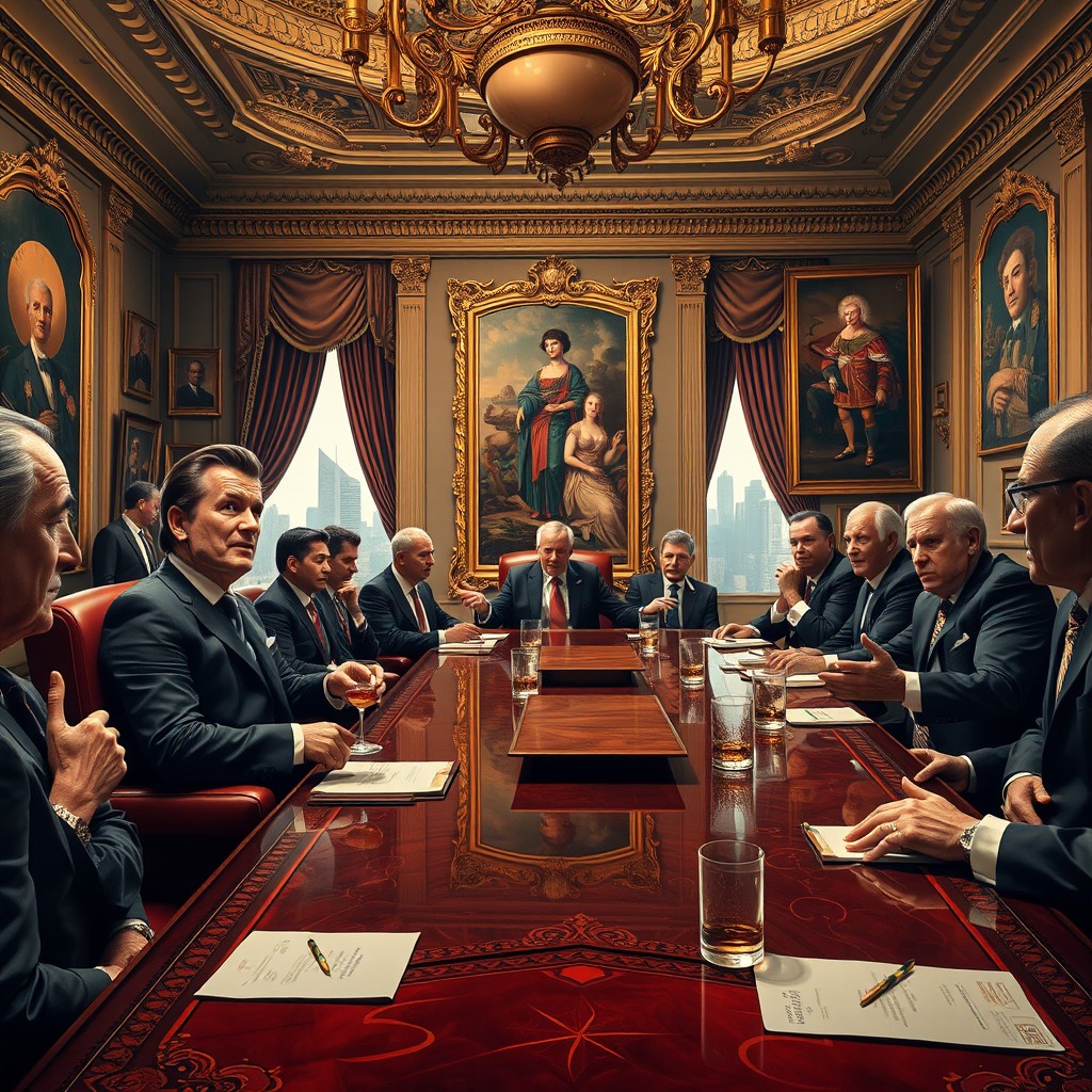 A powerful scene depicting greedy oligarchs in a lavish boardroom, adorned with opulent decorations and expensive artwork
