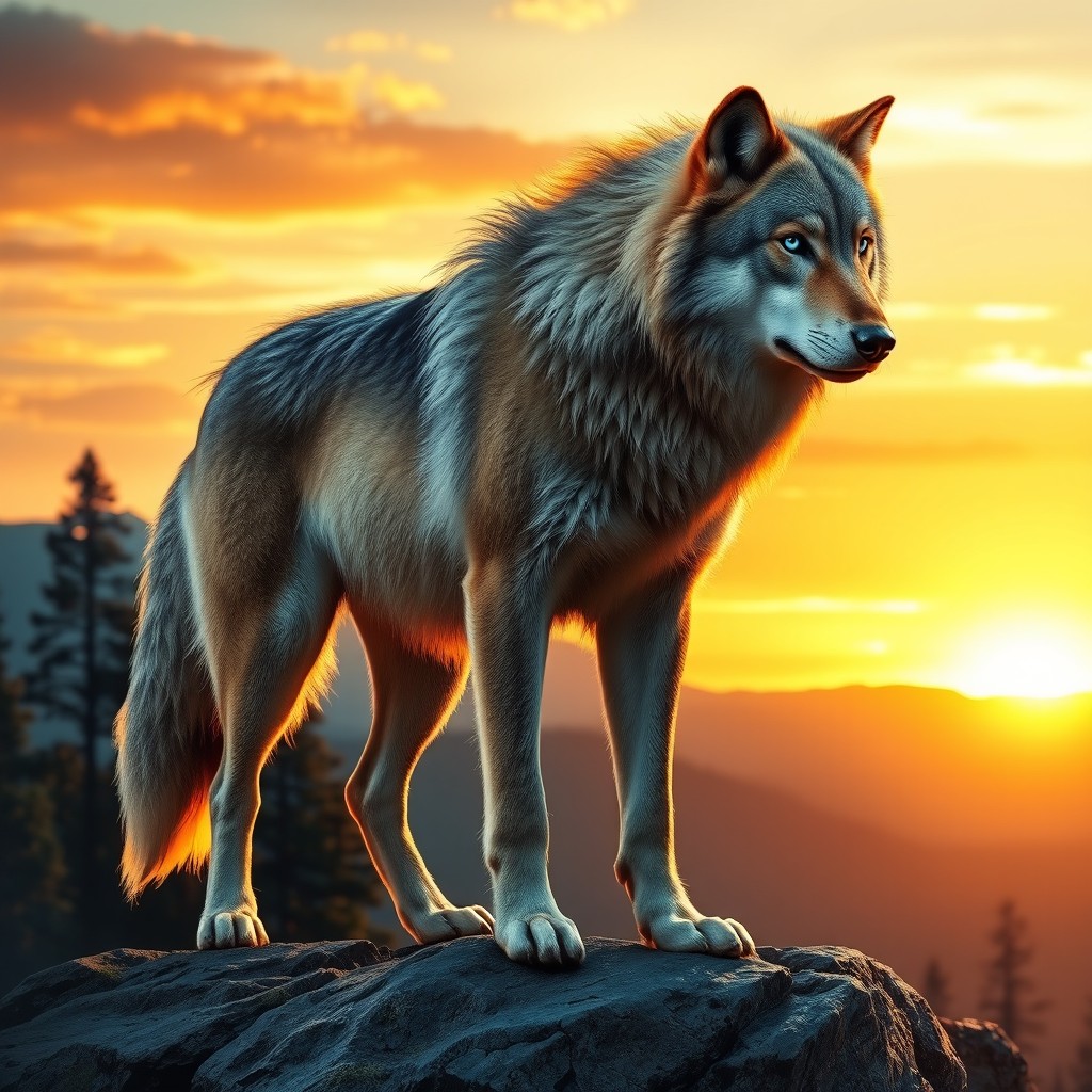 A majestic wolf standing on a rocky outcrop against a stunning sunset background, its fur illuminated by the warm light, showcasing intricate details and realistic textures