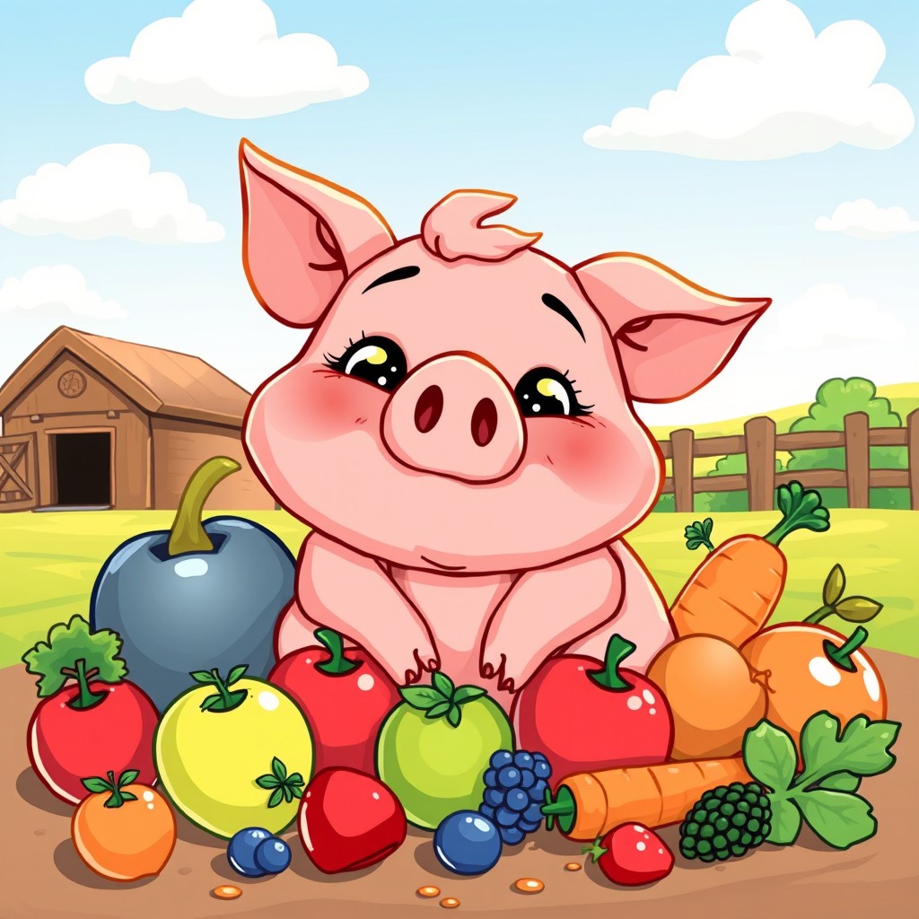 A whimsical illustration of a greedy pig, sitting contentedly among a pile of colorful fruits and vegetables