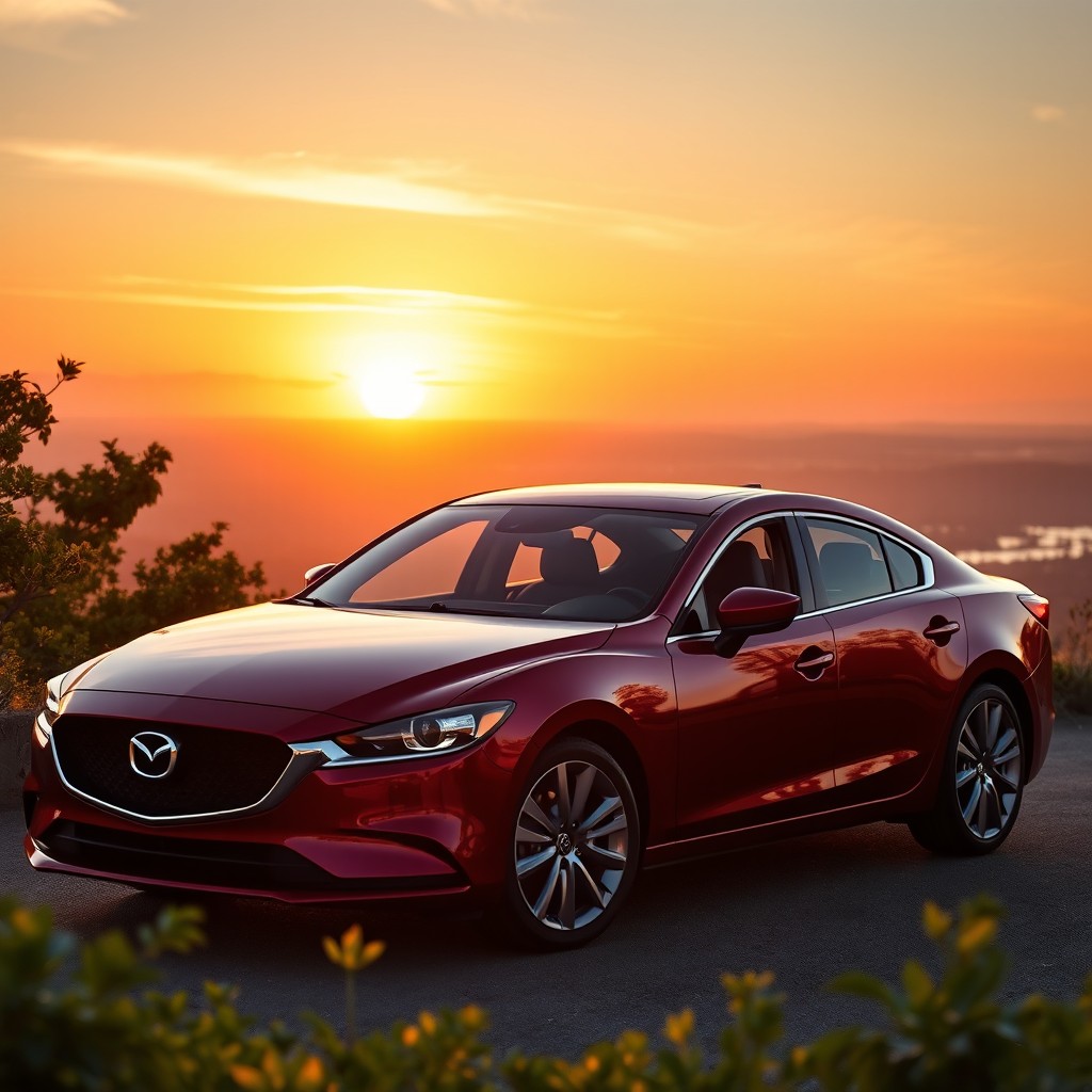 A sleek and modern Mazda 6, parked on a scenic overlook with a breathtaking sunset in the background
