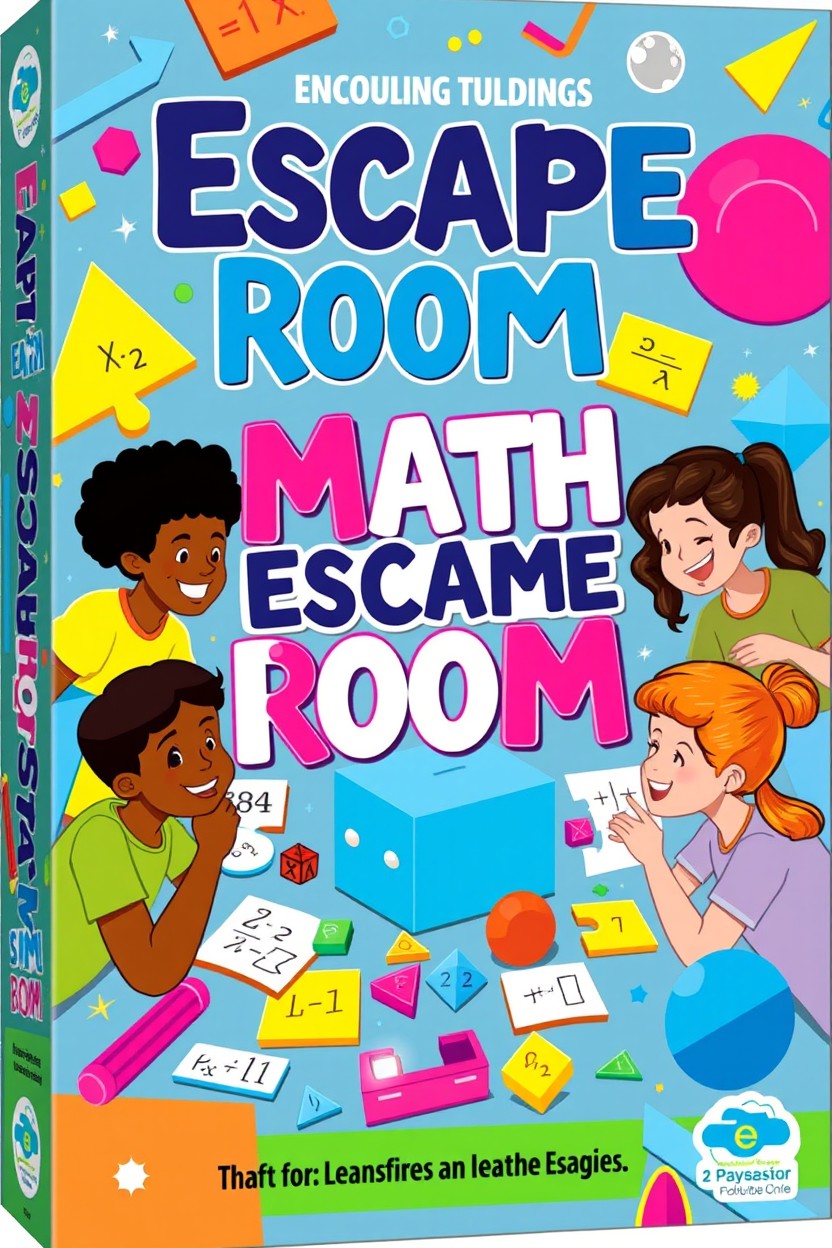 A colorful cover for an escape room game featuring mathematical motifs like equations, geometric shapes, and numbers
