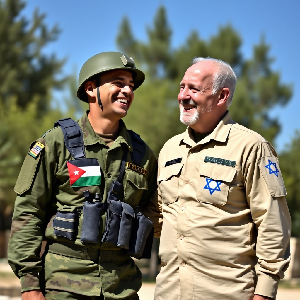 A heartwarming scene featuring a Jordanian soldier and an Israeli soldier laughing together, both wearing their respective military uniforms adorned with their national flags