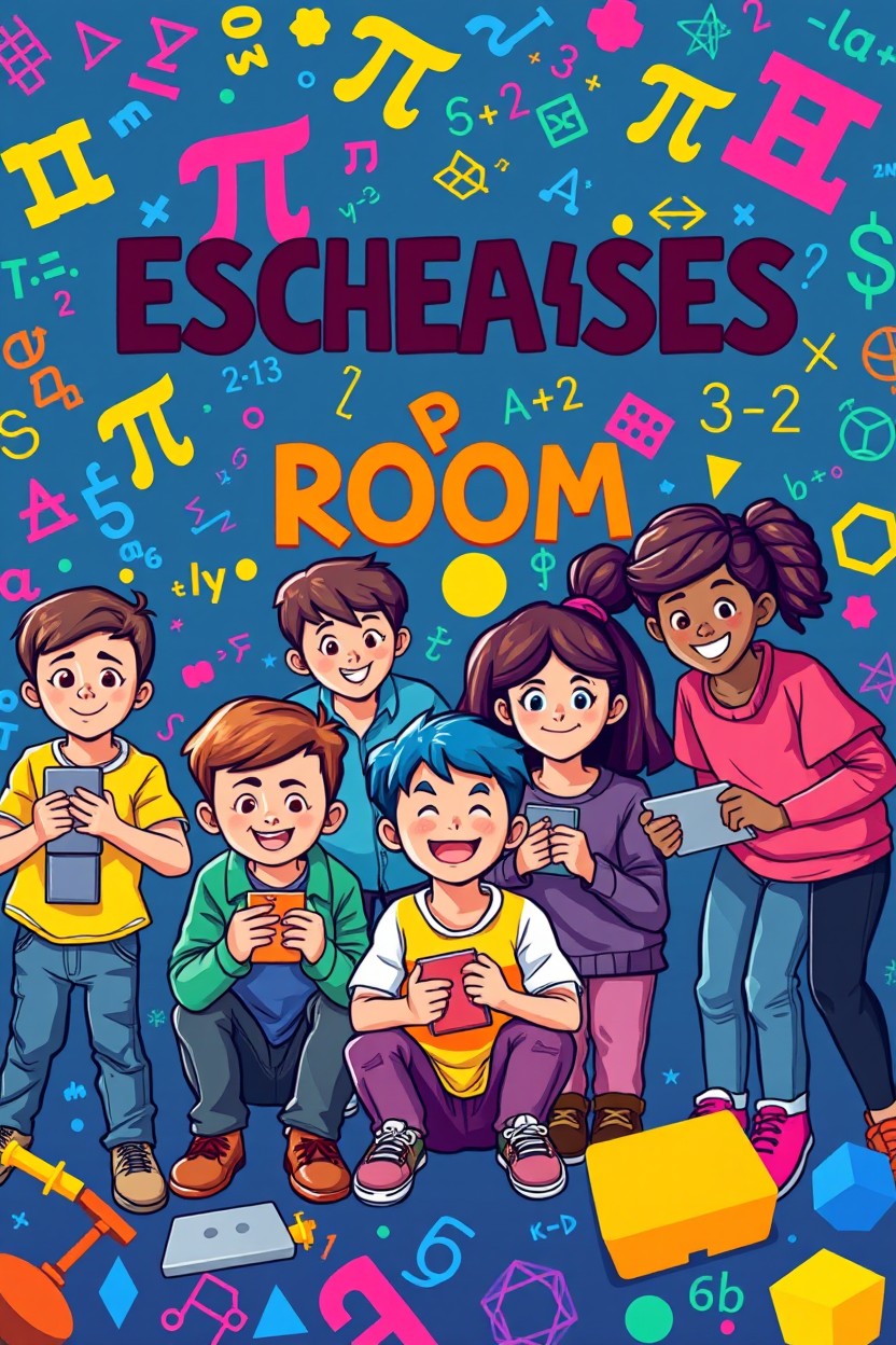 A vibrant and engaging cover design for an escape room themed around mathematics, featuring children of various races and ethnicities actively participating in solving puzzles