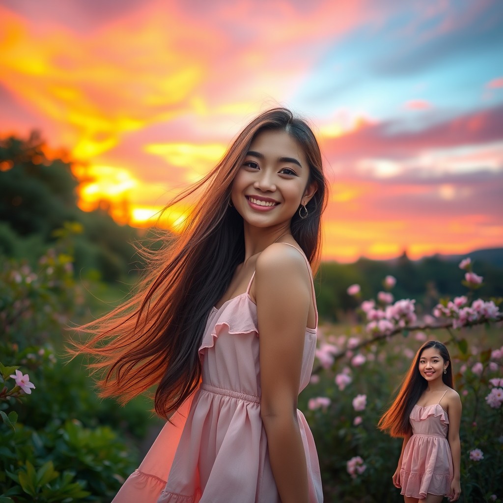 A beautiful, cute portrait of a young woman in a picturesque natural setting, featuring her in various poses that highlight her joyful demeanor