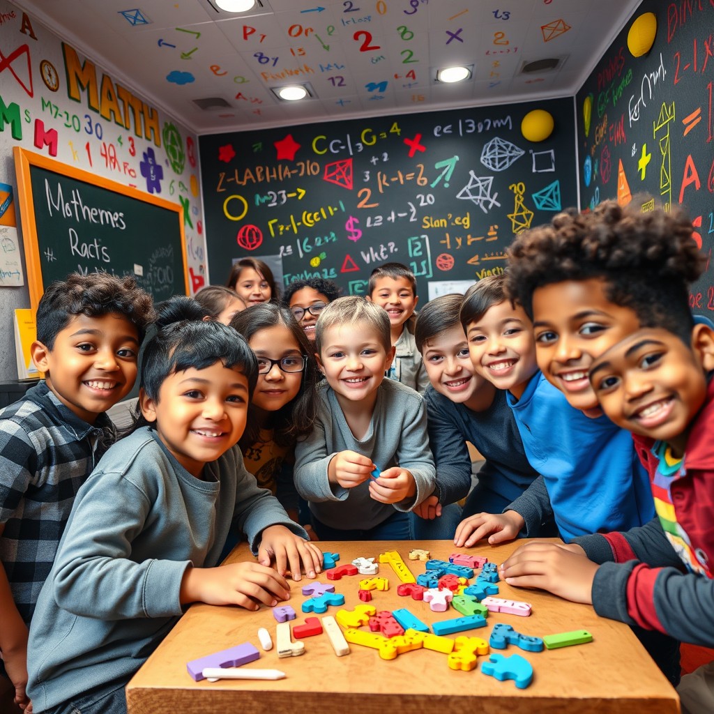 An exciting scene depicting an escape room themed around mathematics, filled with children of various races and ethnicities engaging in fun and interactive puzzles