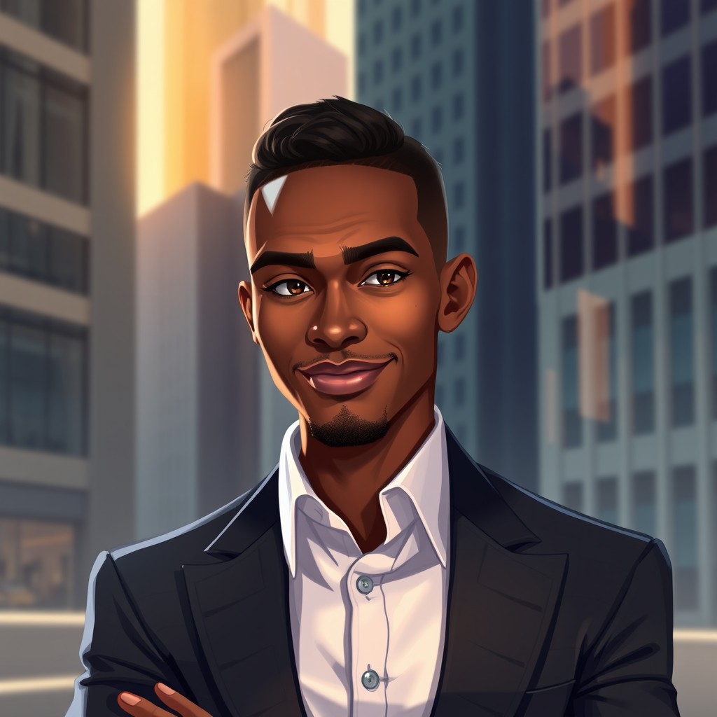 A digital portrait of a fictional character inspired by Sławomir Mentzen, depicted as a Black man with a confident expression
